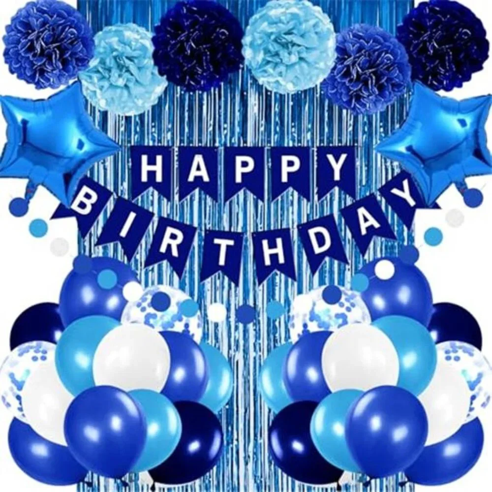 Blue Birthday Party Decorations for Boys Men Banner Balloons Pom Poms Foil Curta